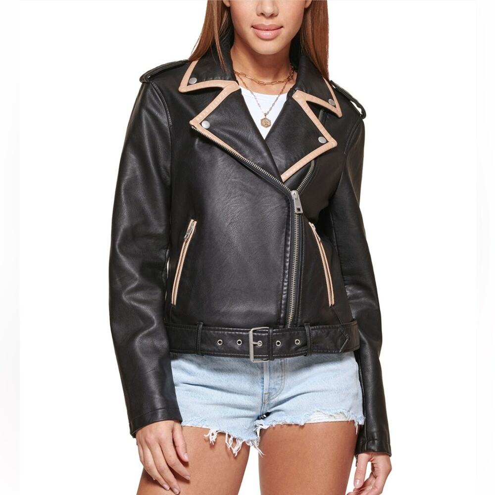 NWT Levi’s Jacket Faux Leather Black Moto Contrasting Trim Women’s Size Large